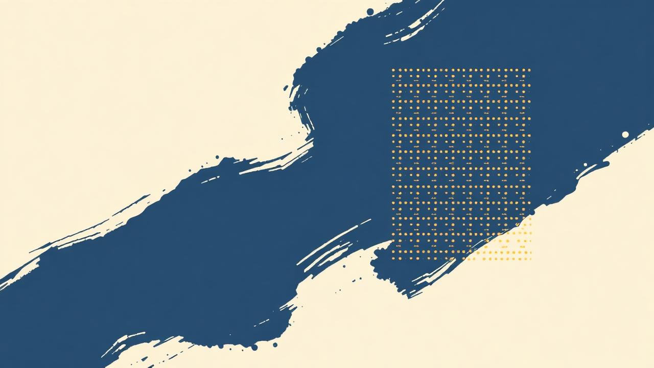 Editorial illustration of a brushstroke and pixel grid representing AI image generation