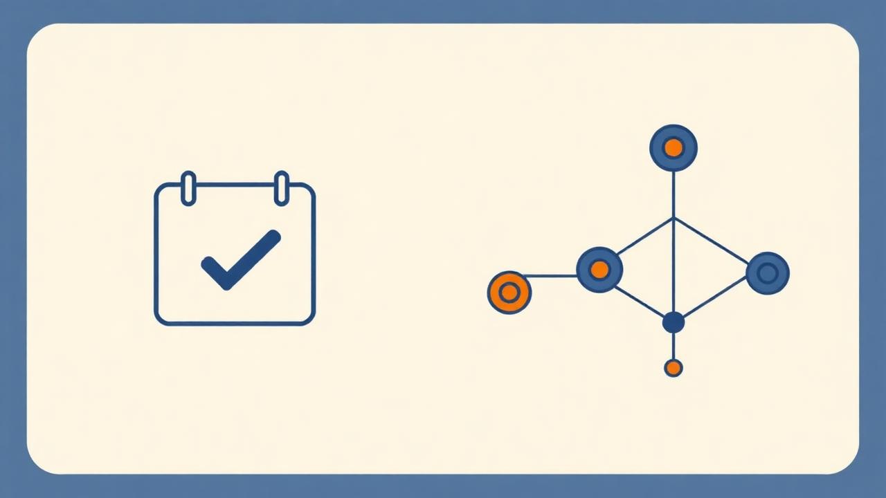 Editorial illustration of a calendar and connected workflow nodes representing productivity